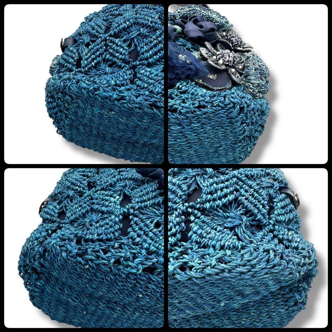 美品　アルファジル　かごバッグ　フラワーモチーフ　ブルー