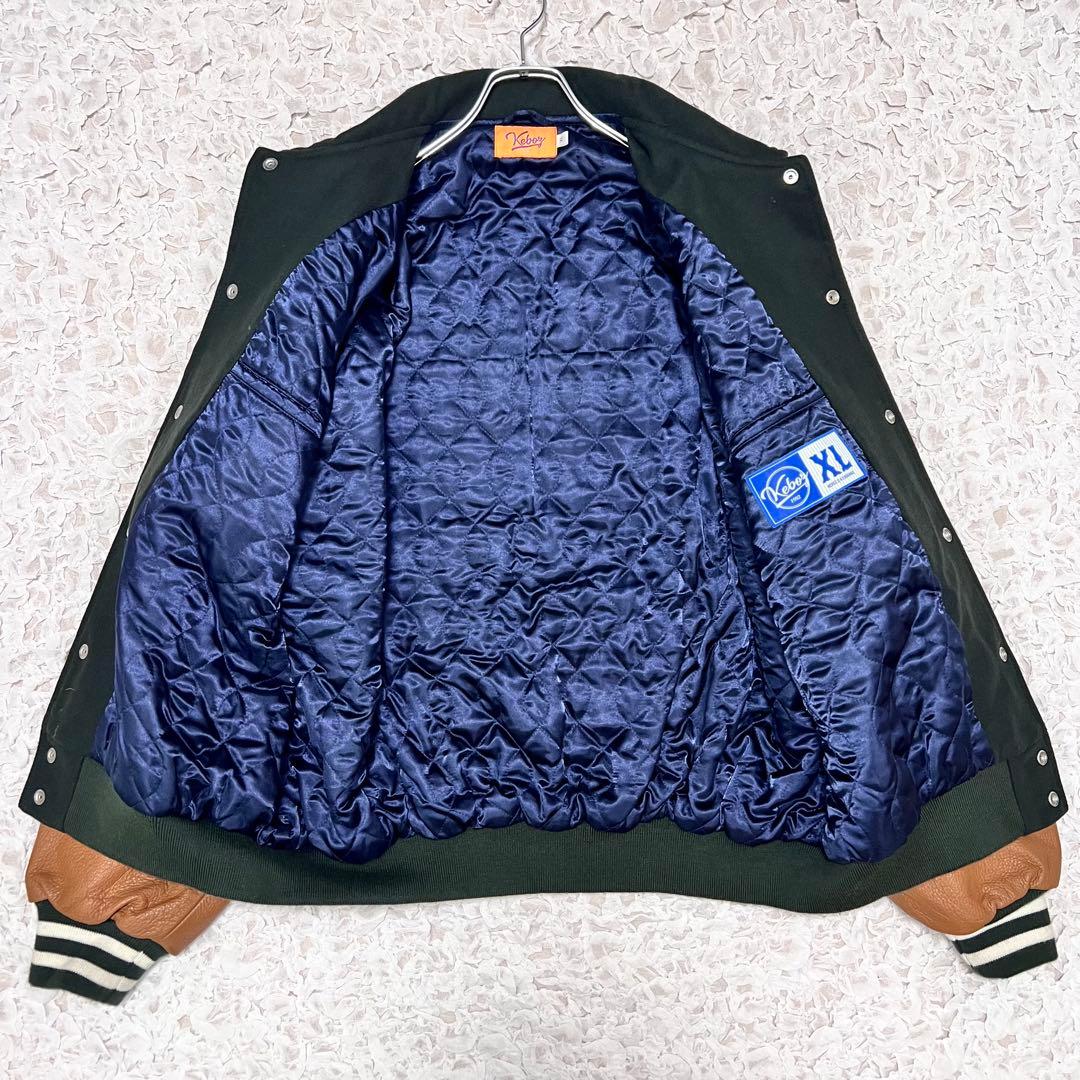 『希少サイズ』　ケボズ　スタジャン　袖レザー　牛革　バック刺繍　緑× 茶　XL