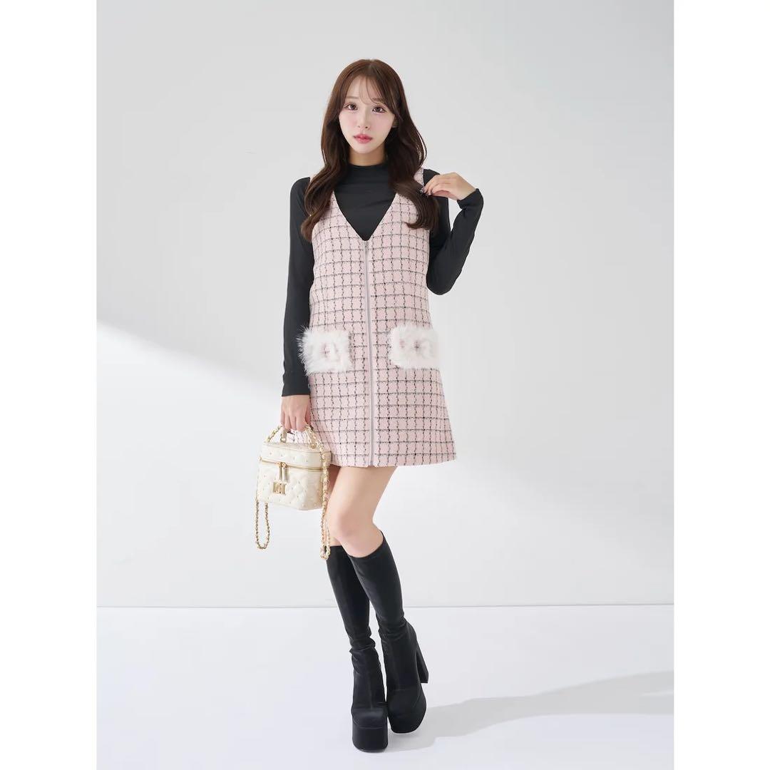 新品タグ付 ダーリッチ フロントファスナーツイードミニワンピース フリー ピンク