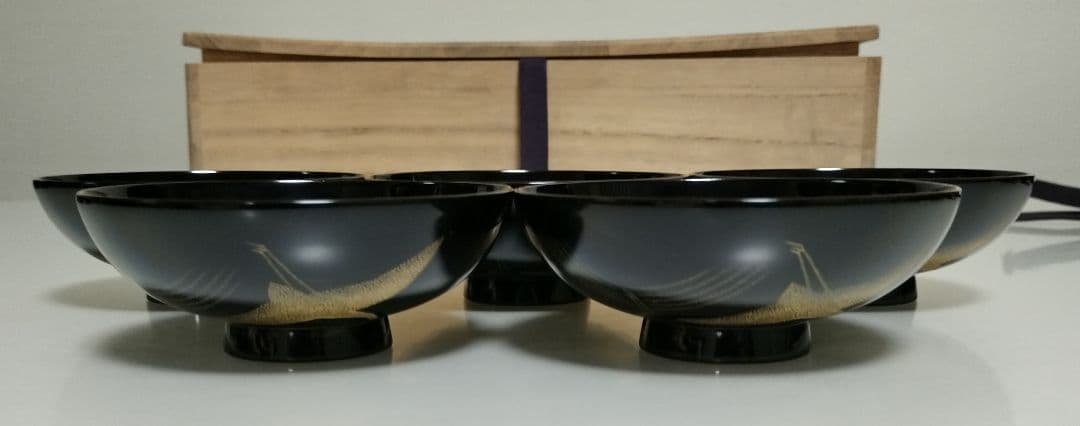 輪島塗　千羽鶴沈金　吸物椀　5客セット　作家もの　 三谷吾一