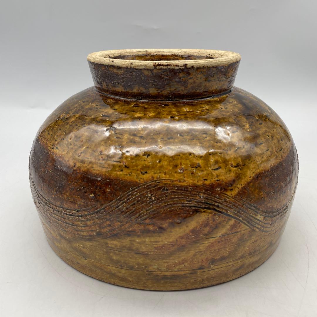 鳥取民藝　中井窯　牛ノ戸焼　波状模様の茶色陶器ボウル　足つき深鉢