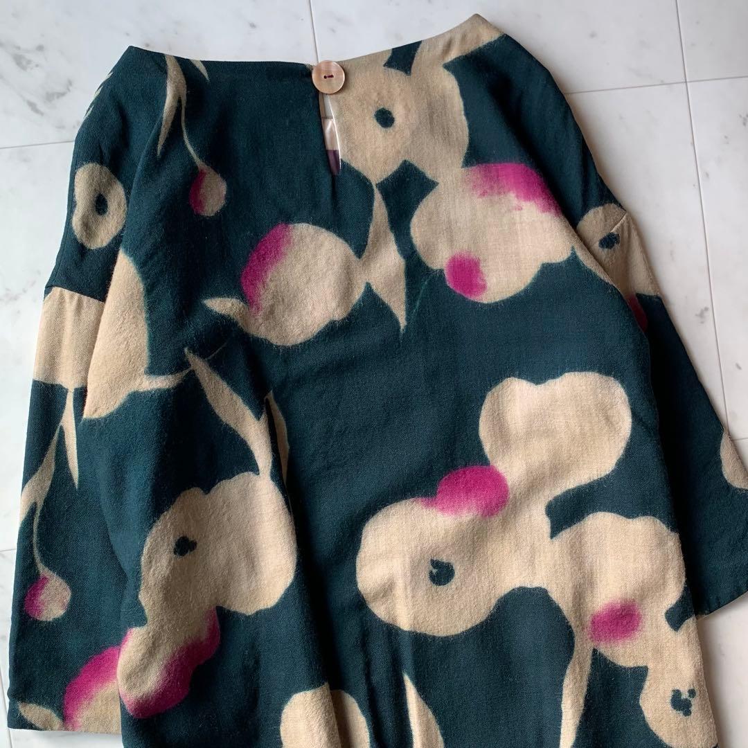 美品 パラスパレス 花柄ワンピース ウールワンピース ダークグリーン 日本製