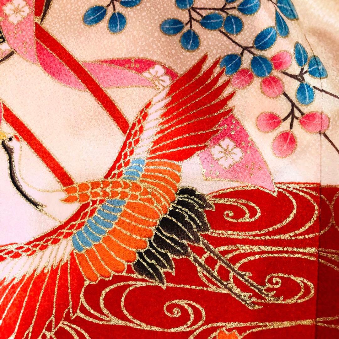 七五三7歳❣️人気赤地暈し古典柄❣️御所車鶴玉で箱金彩際立つ完全フルセット銘品