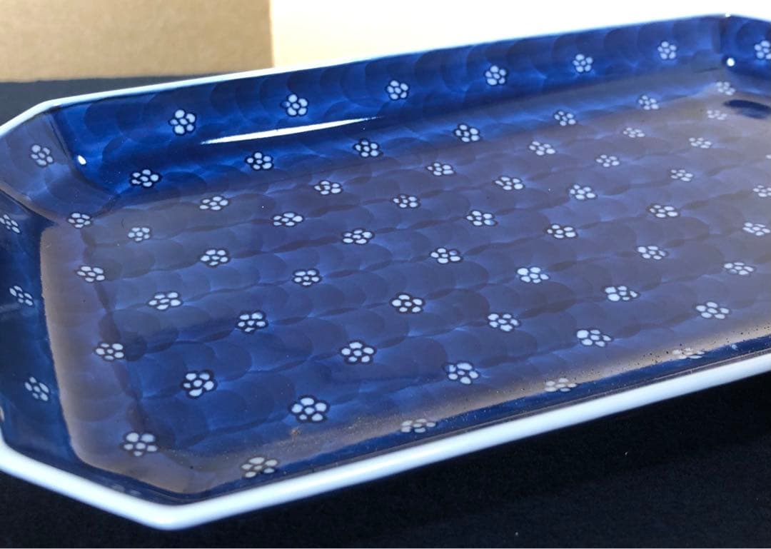 《レ》有田焼 源右衛門作 染付梅地紋 長方皿3客 共箱　251127お1