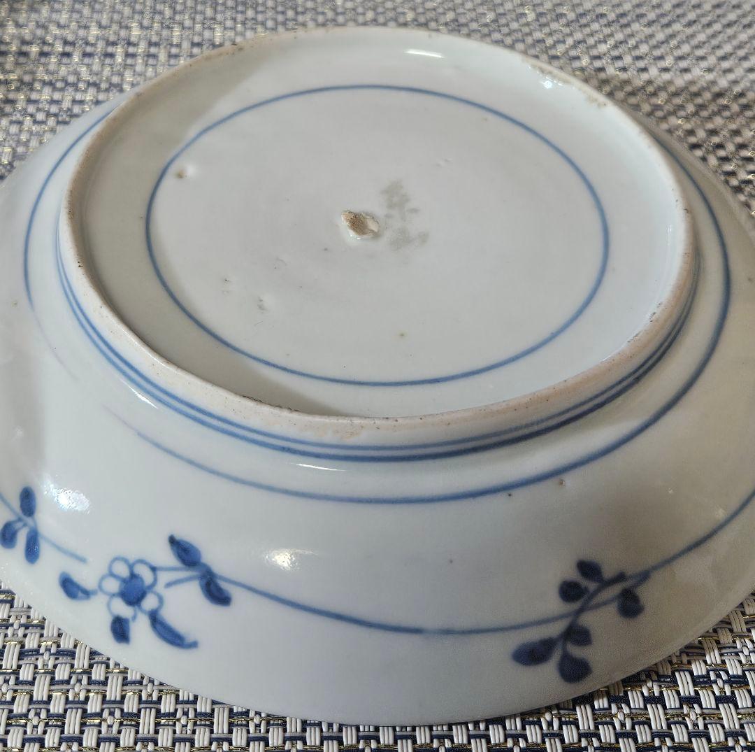 【名品❗】江戸時代前期〜中期　藍九谷様式 鮎の図　16.8cm皿　皿裏　唐草文様