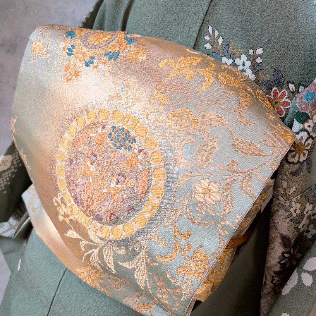 訪問着　フルセット　着物　正絹　緑　金　花　華やか　祝い事　D2