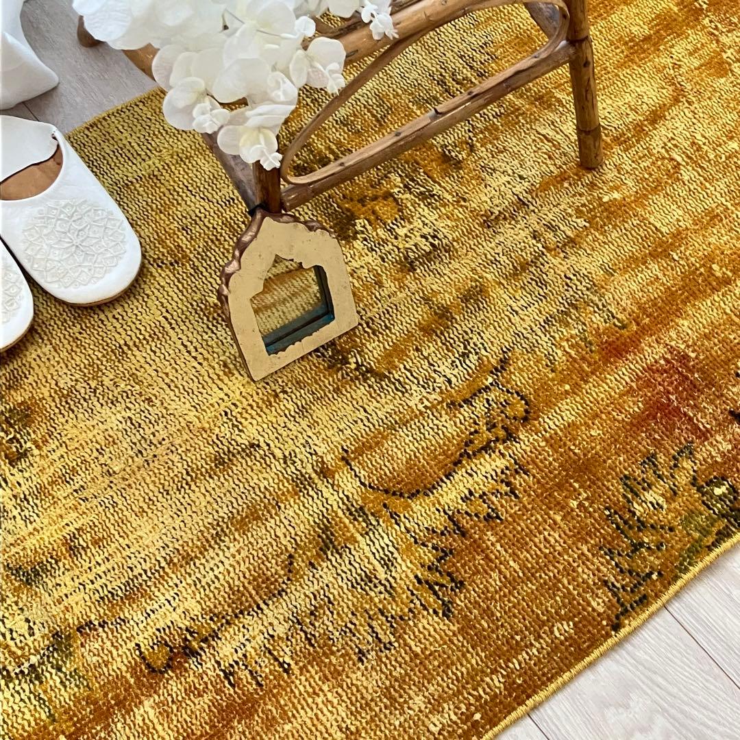 超ロング/オーバーダイ　幸福イエロー　グリーン　ランナー　トルコヴィンテージラグ