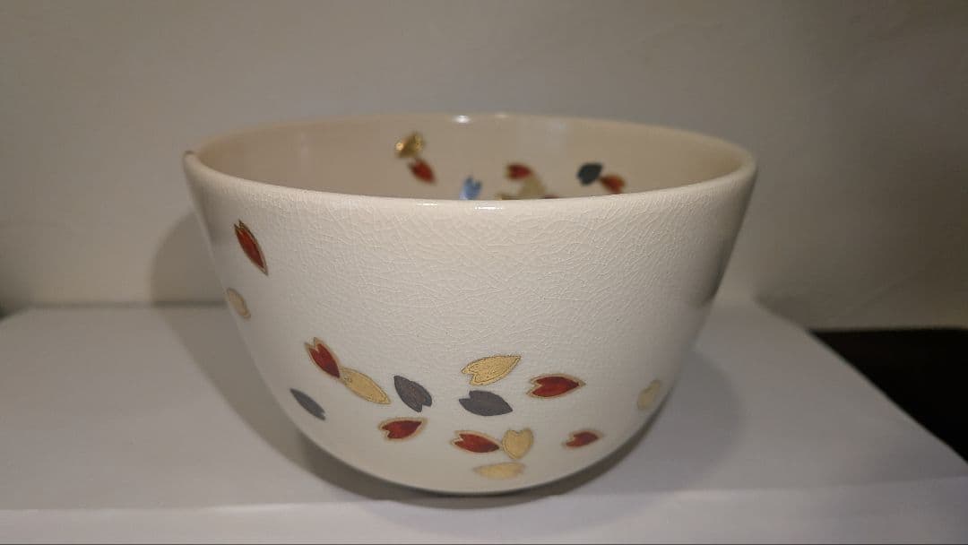 『通次阿山』仁清写　花吹雪茶碗　茶道具　共箱栞しおり　桜