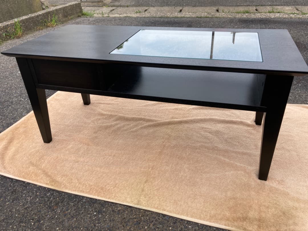 特価❗️大塚家具　木製リビングテーブルガラス天板　モダン黒ローテーブル 引き出し