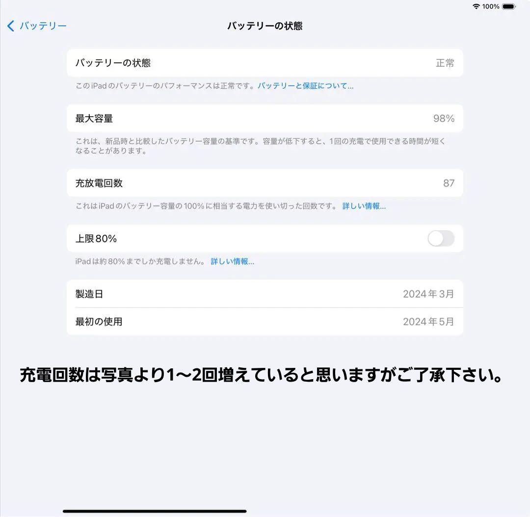 M4 iPad Pro 256GB Wifi バッテリー最大容量98％ Aランク
