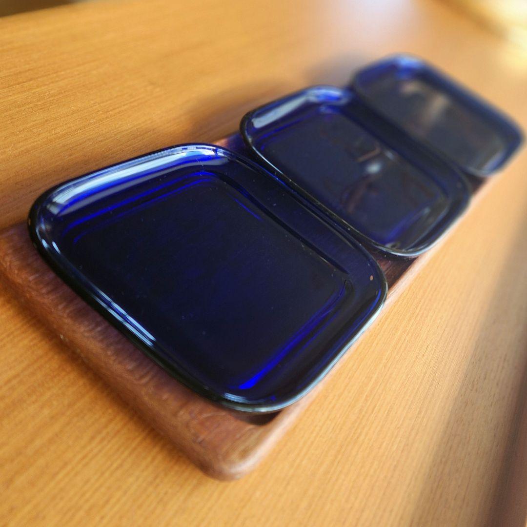 カイ・フランク　チークトレイ　スクエア　ブルー　プレート　三枚セット