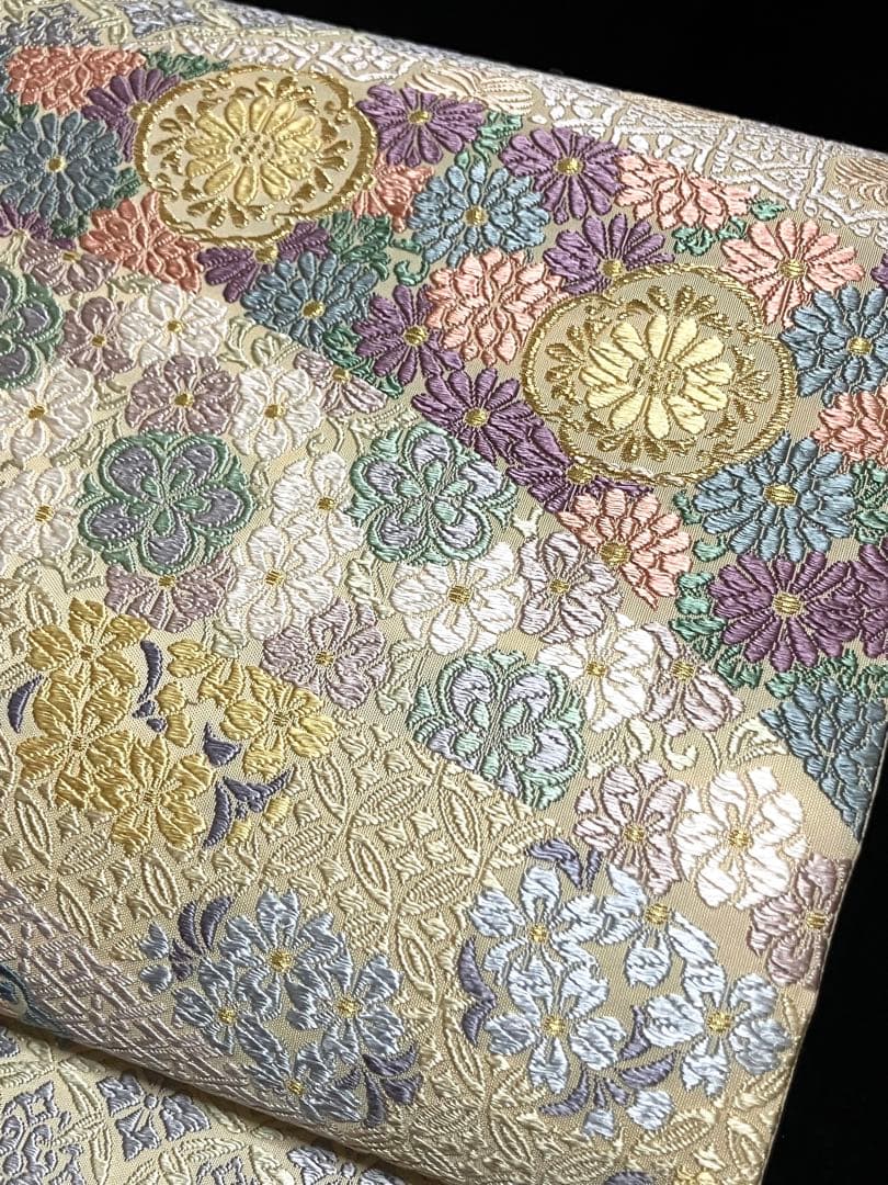 唐織春秋 袋帯 六通柄 正絹 新小石丸 花文 菊 桜 吉祥文様 美品 イ6362