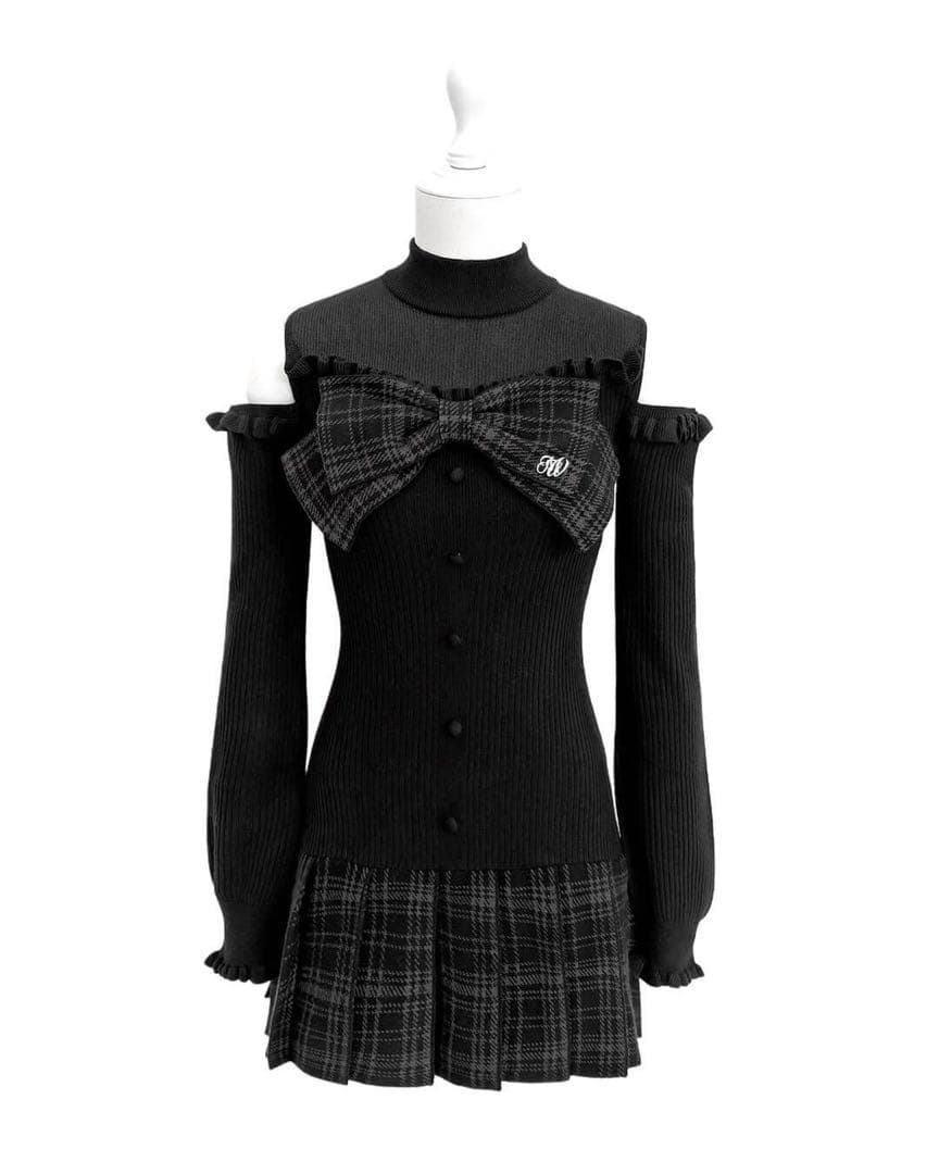 ♡ HONEYMEW ハニーミュウ チェックリボン肩空きプリーツワンピース ♡