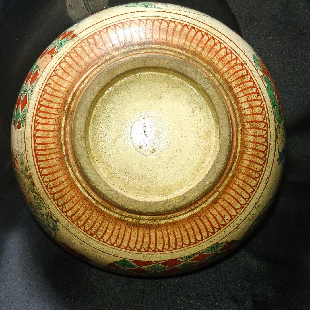 茶道具 古九谷焼 色絵水指 手描き花丸文 幕末骨董 木製漆蓋 桐箱入旧家蔵出し