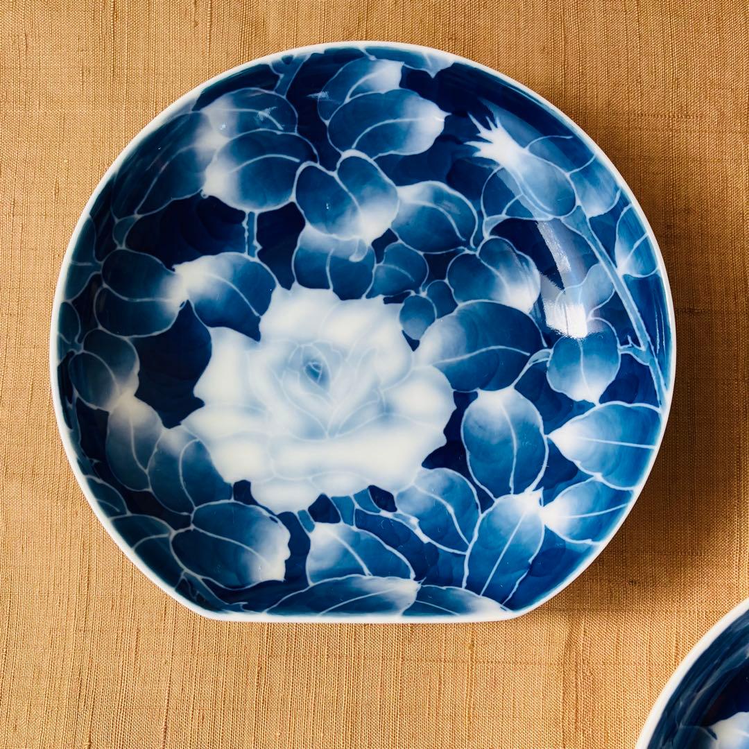 (希少) 深川製磁　古代バラ　半月皿　小皿　2枚　古代薔薇　手書き　有田焼