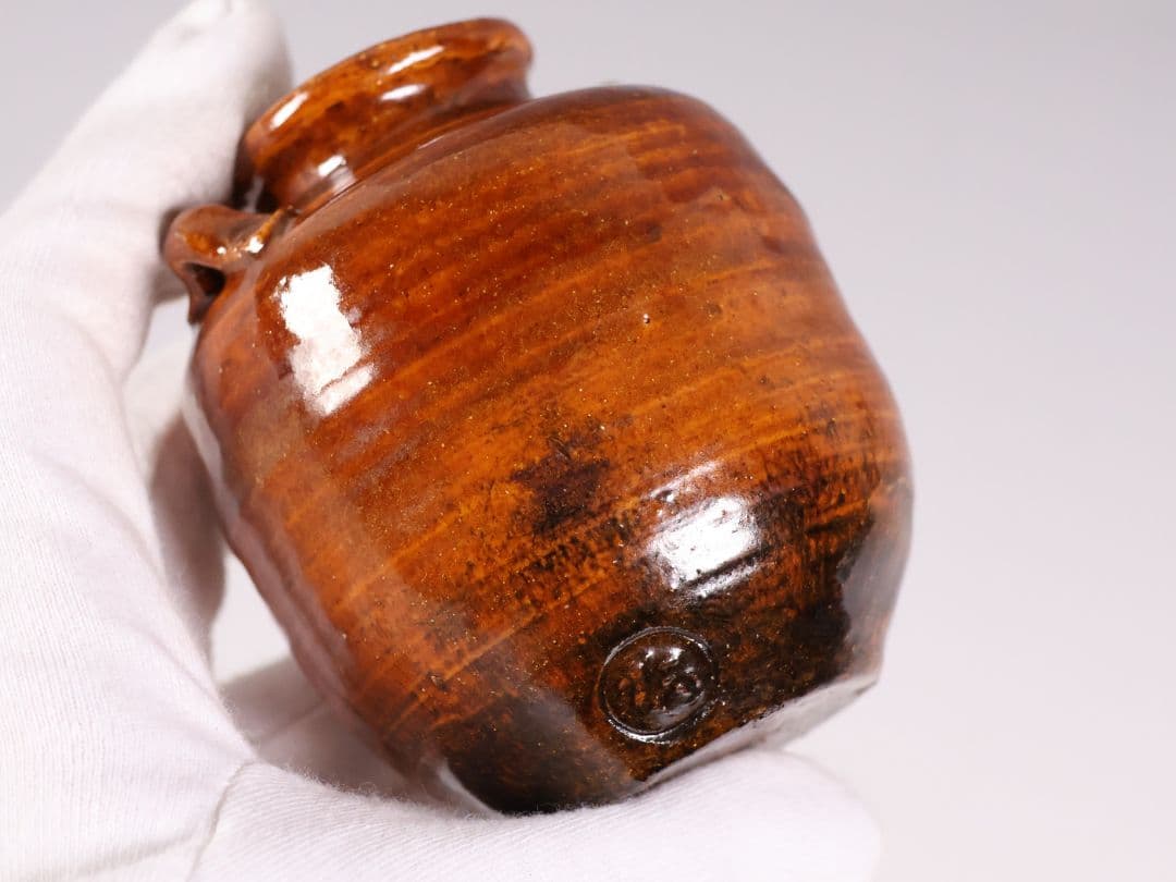 茶道具 大樋焼 中村長阿弥 茶入 共箱 共布 西陣仕覆 陶芸【CM333】