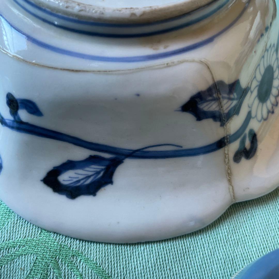 古伊万里　染付　桐　鳳凰　龍　変形皿　2客