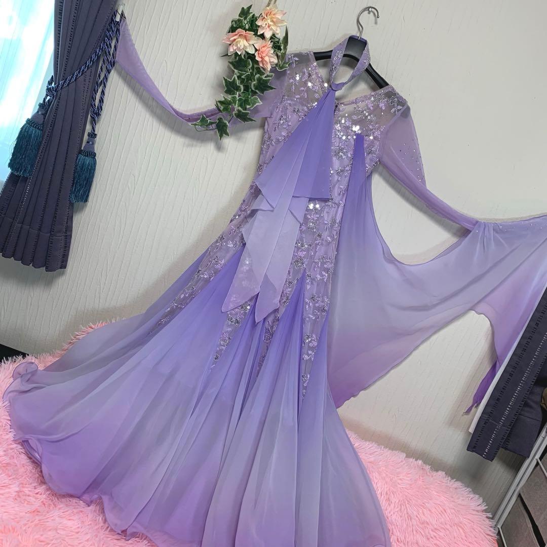 【豪華装飾/パープル◆社交ダンスドレス】M相当 ビジュー 競技 デモ 衣装