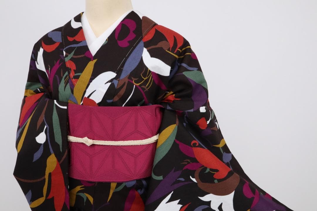 《Miyu★長尺■上質『浴衣』鮮やか花模様モダンアート◆濃黒茶UC9-2》