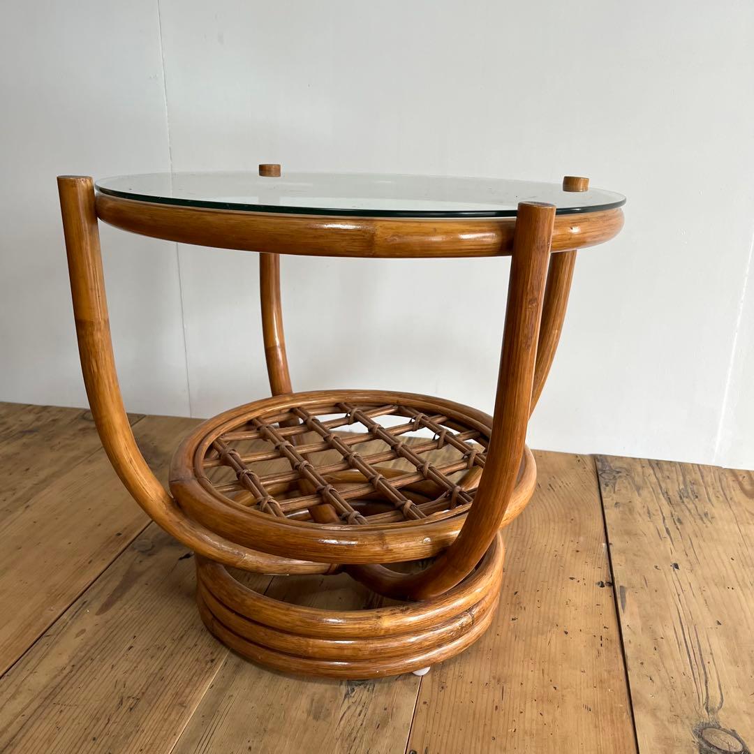 ヴィンテージ ラタン ガラス テーブル 籐 昭和レトロ z654