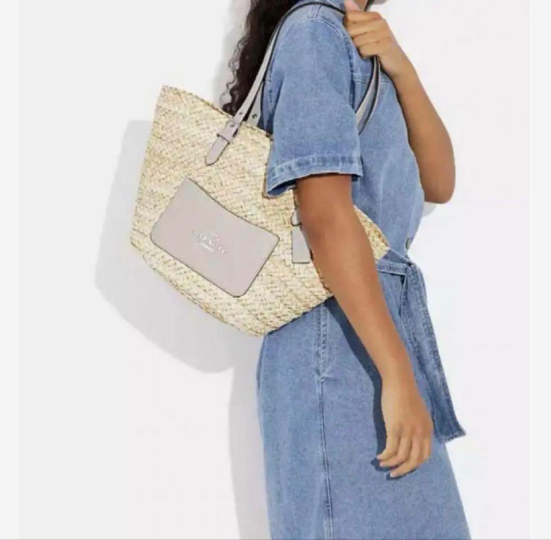 【新品・未使用】COACH コーチラージトートカゴバッグ ストロー素材
