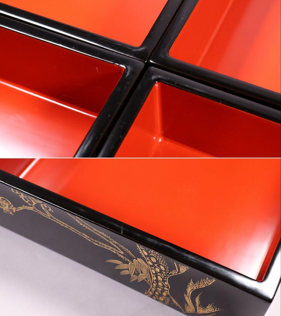 輪島塗 森漆器店 沈金 丸に蔦家紋 松竹梅 五段重箱 黒 朱 木製【MB57】