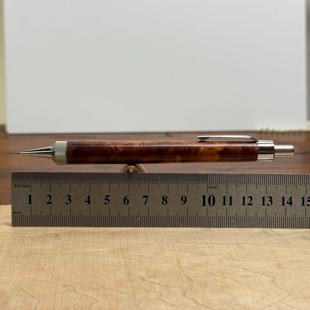 125花梨瘤濃色源平柄　木製シャーペン　強低重心R ステンレスローレット