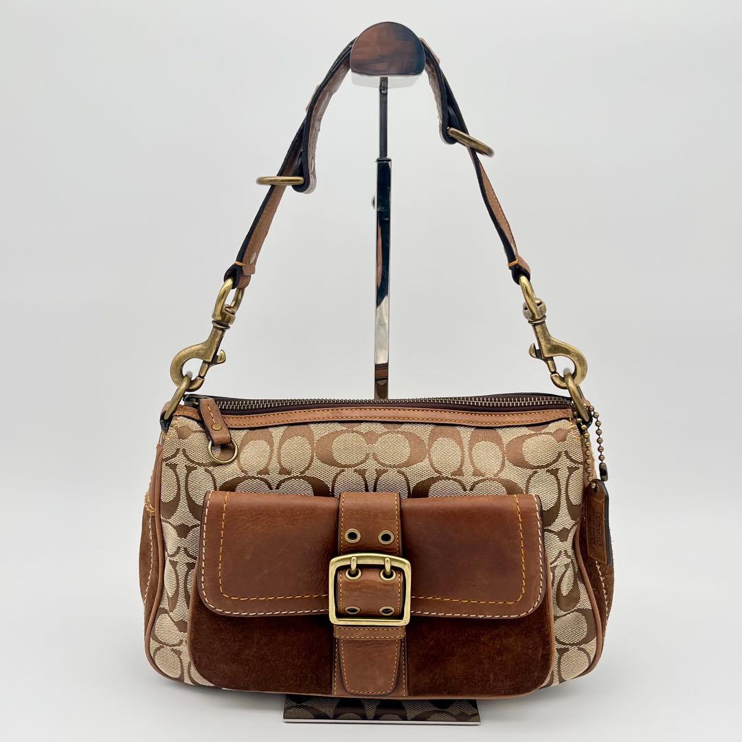 極美品 コーチ ソーホー 2way ショルダーバッグ シグネチャー スエード 茶