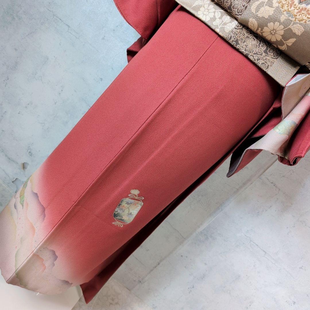 訪問着　フルセット　着物　正絹　赤　金　楽器　笛　バチ衿　O5