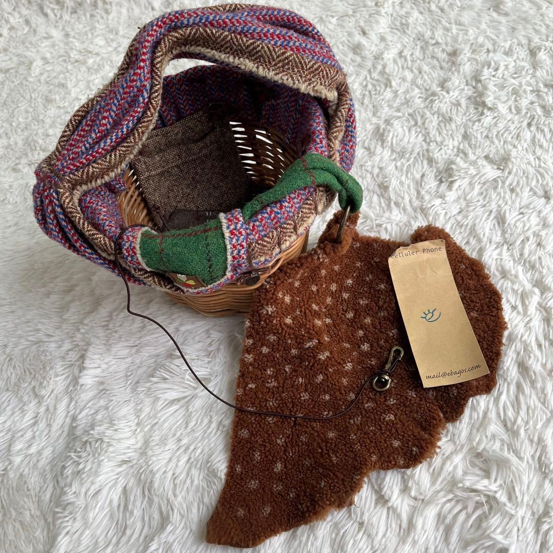 エバゴス かごバッグ 紅籘 ムートンレザー被せ ハリスツイード