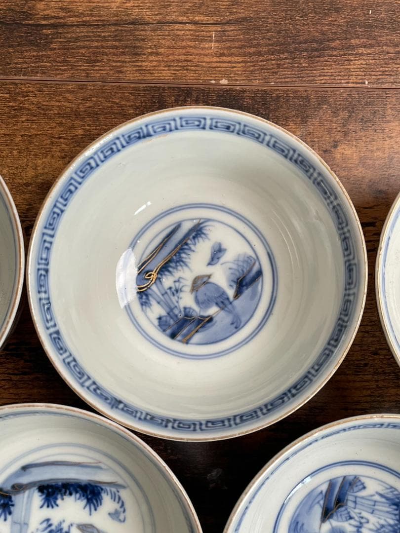 ①古伊万里 金襴手鶴華図茶碗 蓋物 五客 吸物碗/飯碗/お碗/蓋付/40