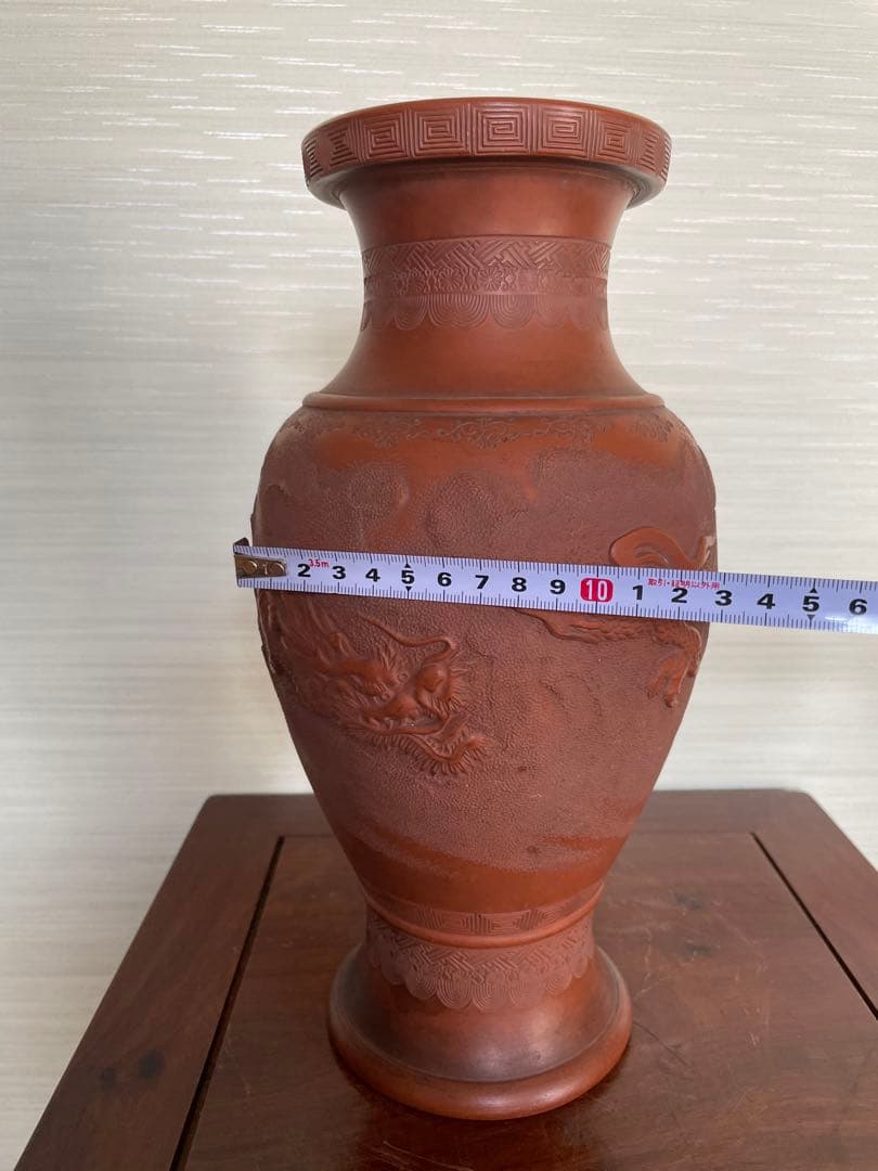 日本常滑 雲龍紋朱泥花瓶 名工細密 古道具時代物 美術品 古董品