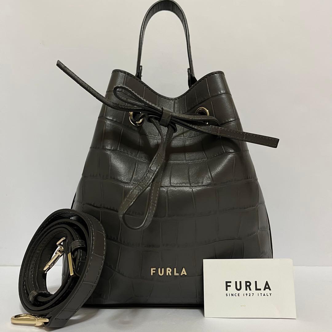 極美品✨現行ロゴ✨フルラ　コスタンザ　2way ショルダーバッグ　クロコ　黒色