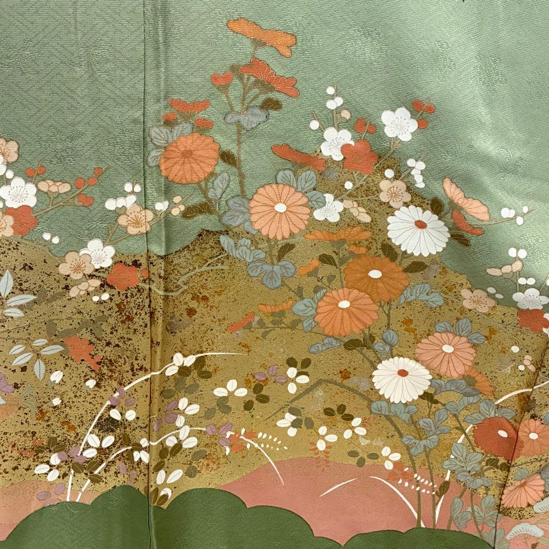 D104 訪問着 花模様 緑 金駒刺繍 正絹 着物 袷 極美品