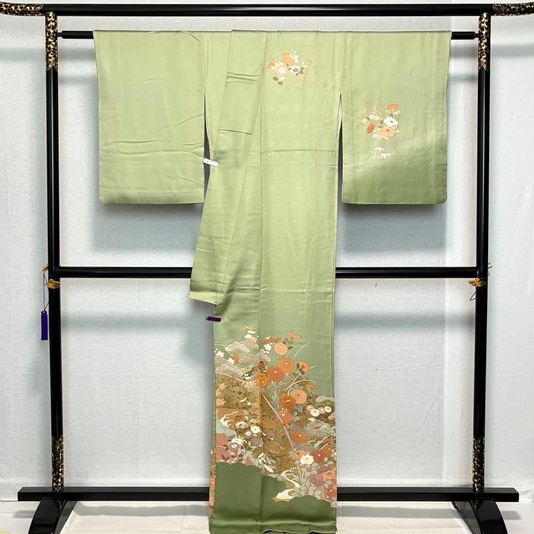 D104 訪問着 花模様 緑 金駒刺繍 正絹 着物 袷 極美品