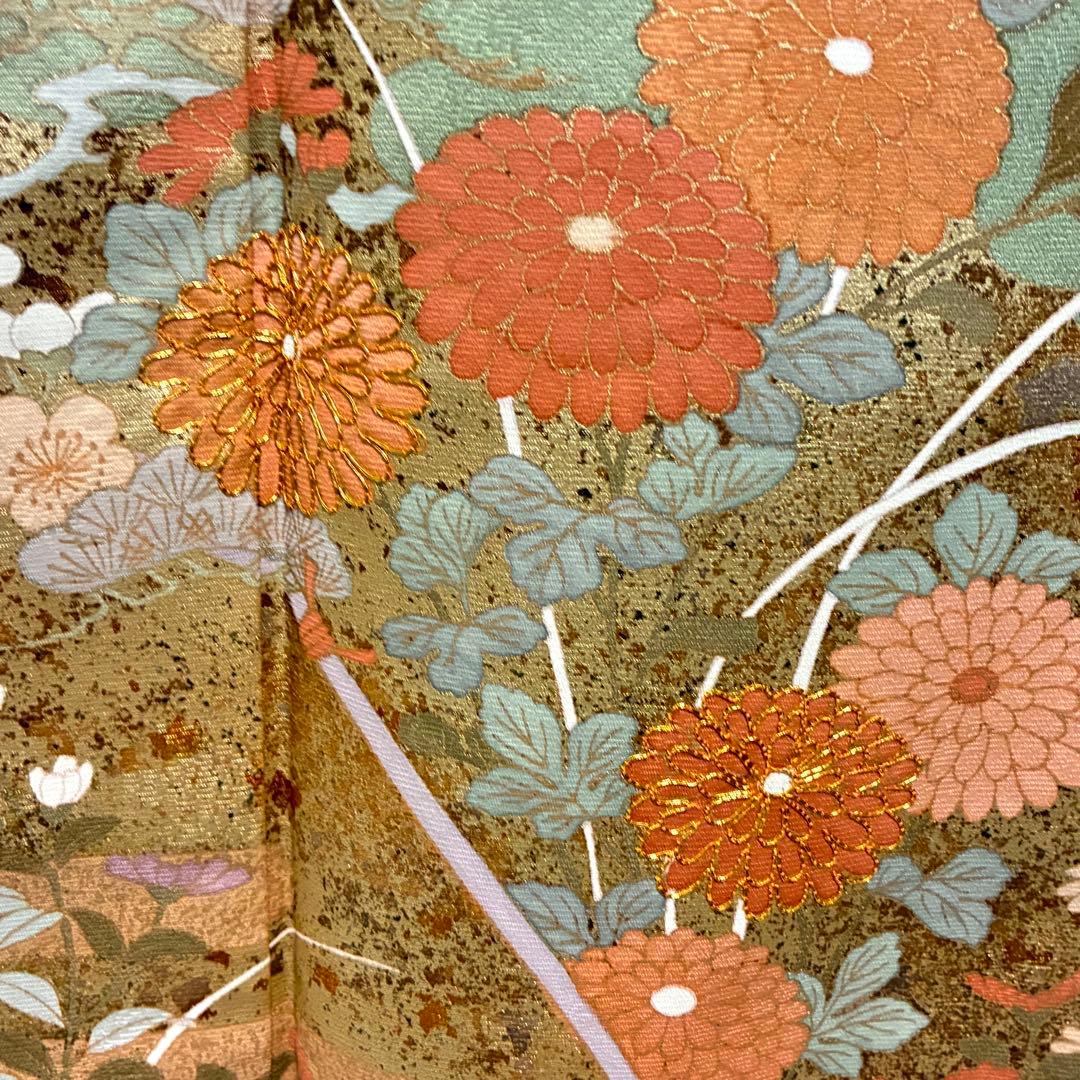 D104 訪問着 花模様 緑 金駒刺繍 正絹 着物 袷 極美品