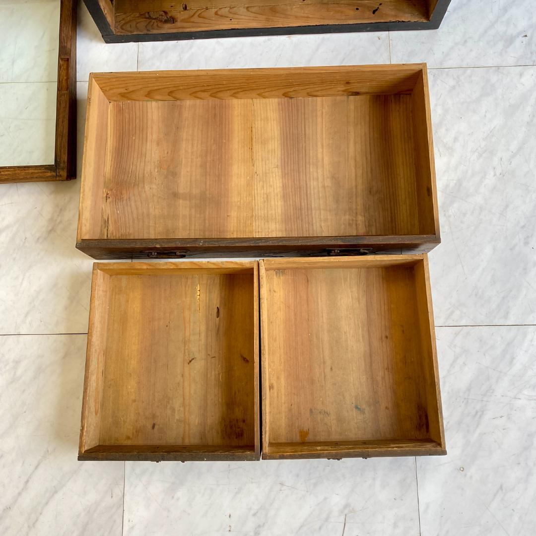 昭和レトロ ガラス戸 収納棚 黒枠 キャビネット 引き出し付き 古道具 食器棚