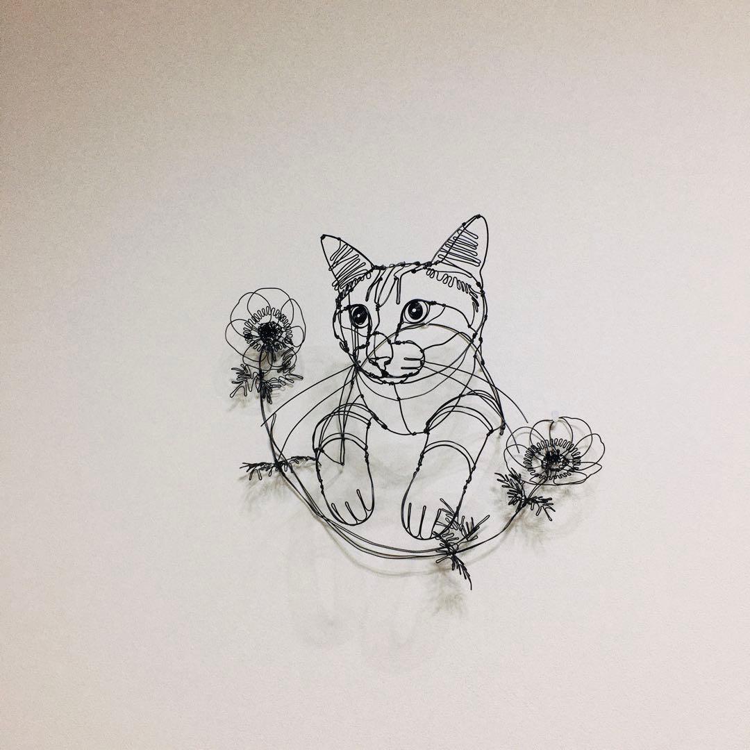ワイヤーアート　ワイヤークラフト 花とねこ