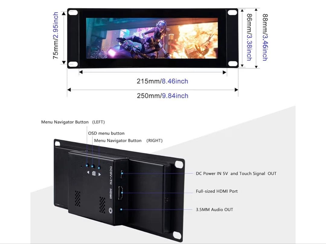 1280 x 400 静電容量式タッチスクリーン ラックマウントモニター