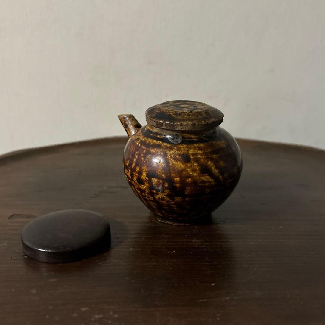 李朝飴釉薬蓋つき注ぎ口　酒器　煎茶　花入　アンティーク　古美術　骨董　　古美術