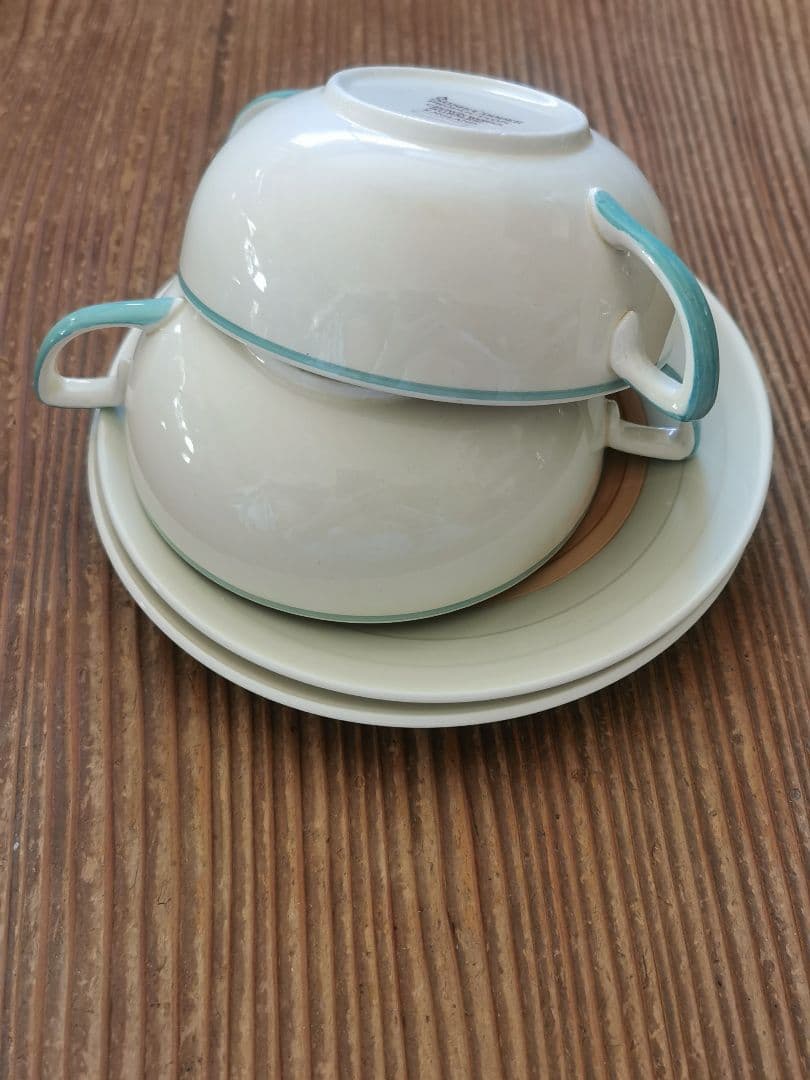 アンティーク スージークーパー スープカップ２客 ウェディングリング ピンク＆緑