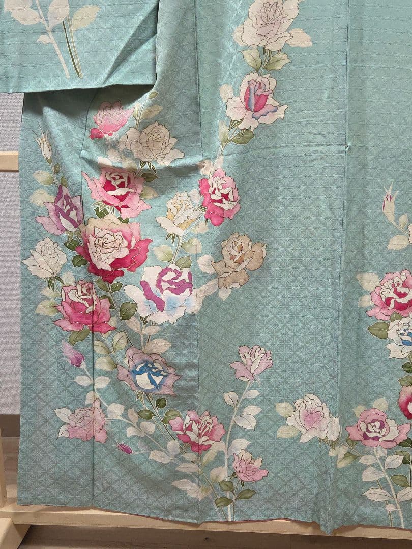 A◆着物くつろぎ セミアンティーク 薔薇 金彩 金駒刺繍 水色 袷 訪問着 着物