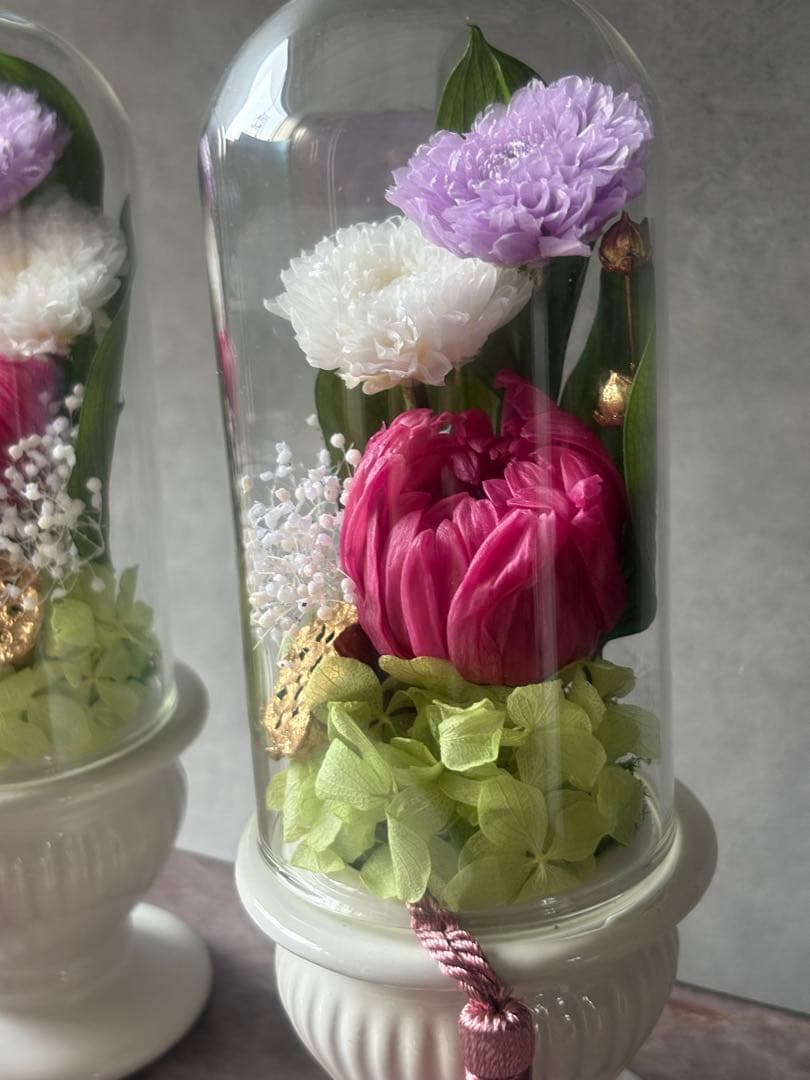 プリザーブドフラワーアレンジメント仏花　一対　ガラスドーム入り