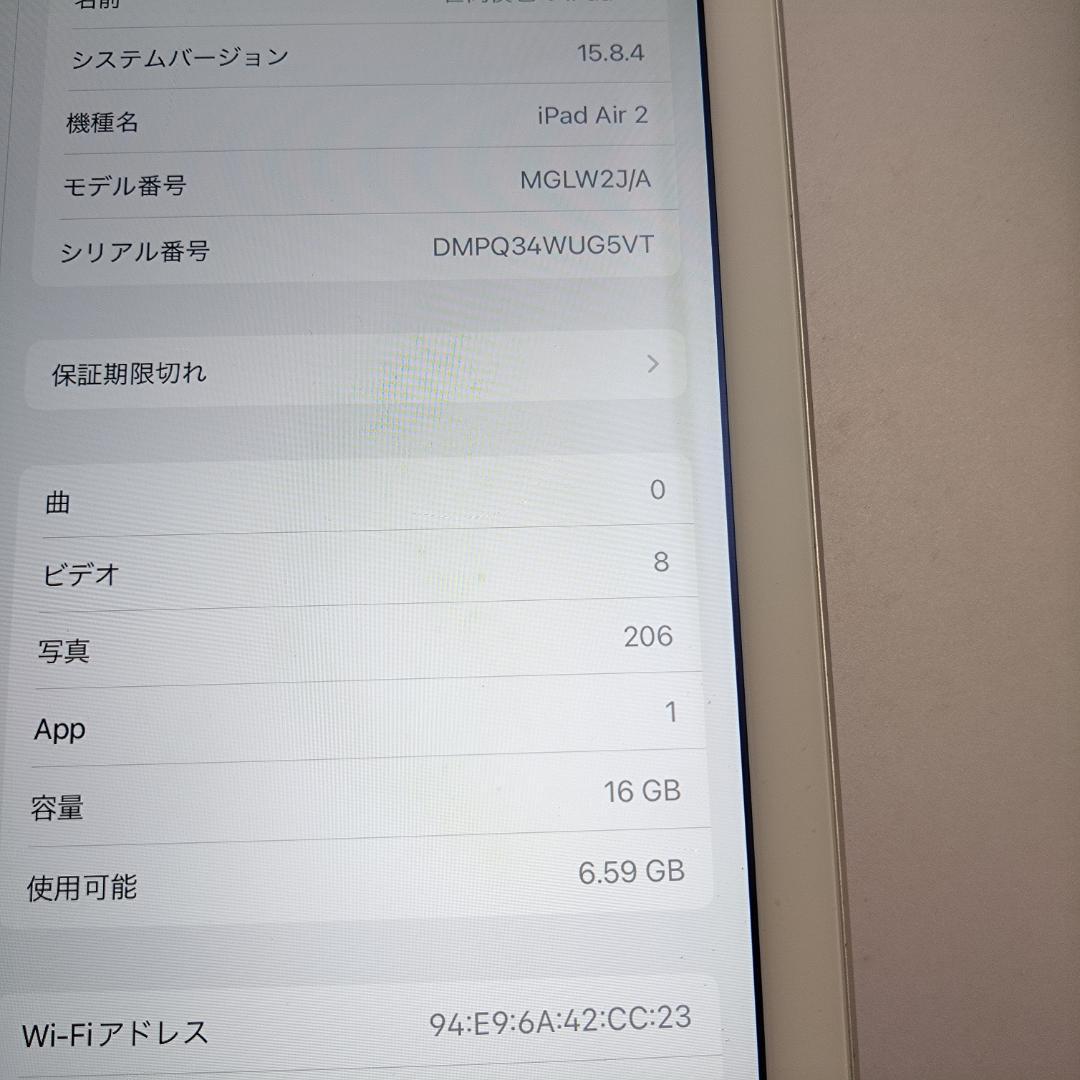 Apple iPad Air2 MGCW2J/A　ROM:16GB 　動作中古