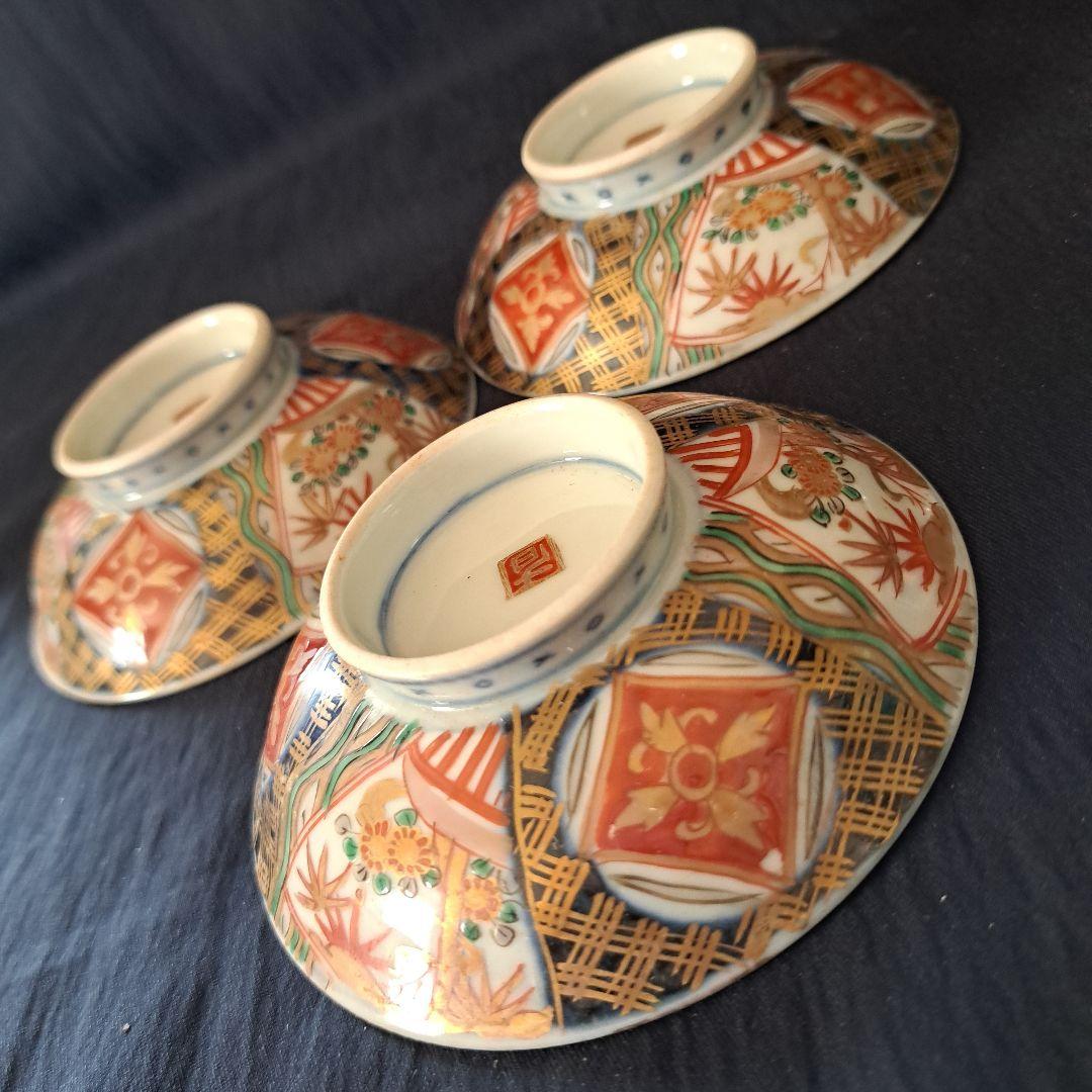 「蓋茶碗の色絵とフォルムを楽しむ！」 古伊万里茶碗(直径11.5cm)3客セット