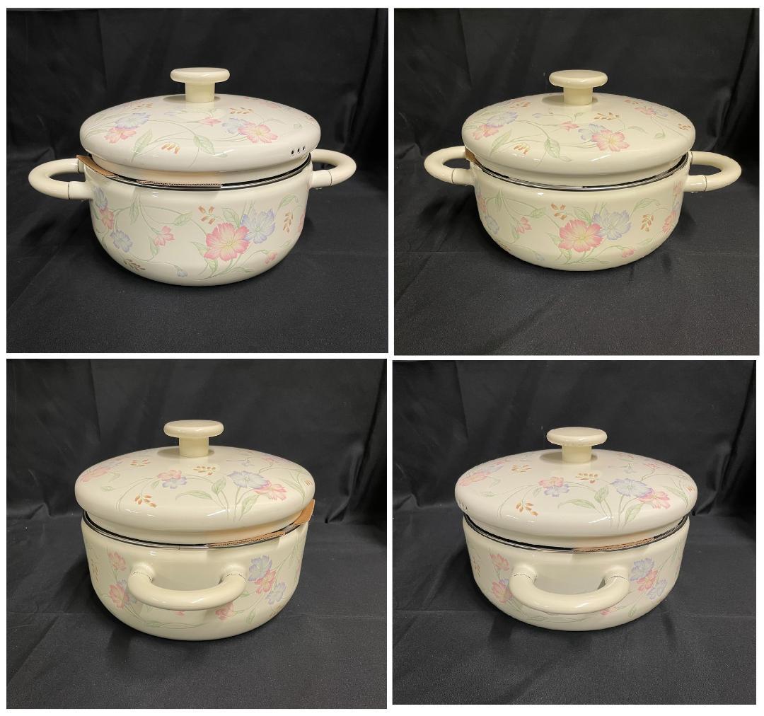 ◆昭和レトロホーロー片手鍋＆両手鍋セット蒸し兼用茶碗蒸し椀５個セット　08199