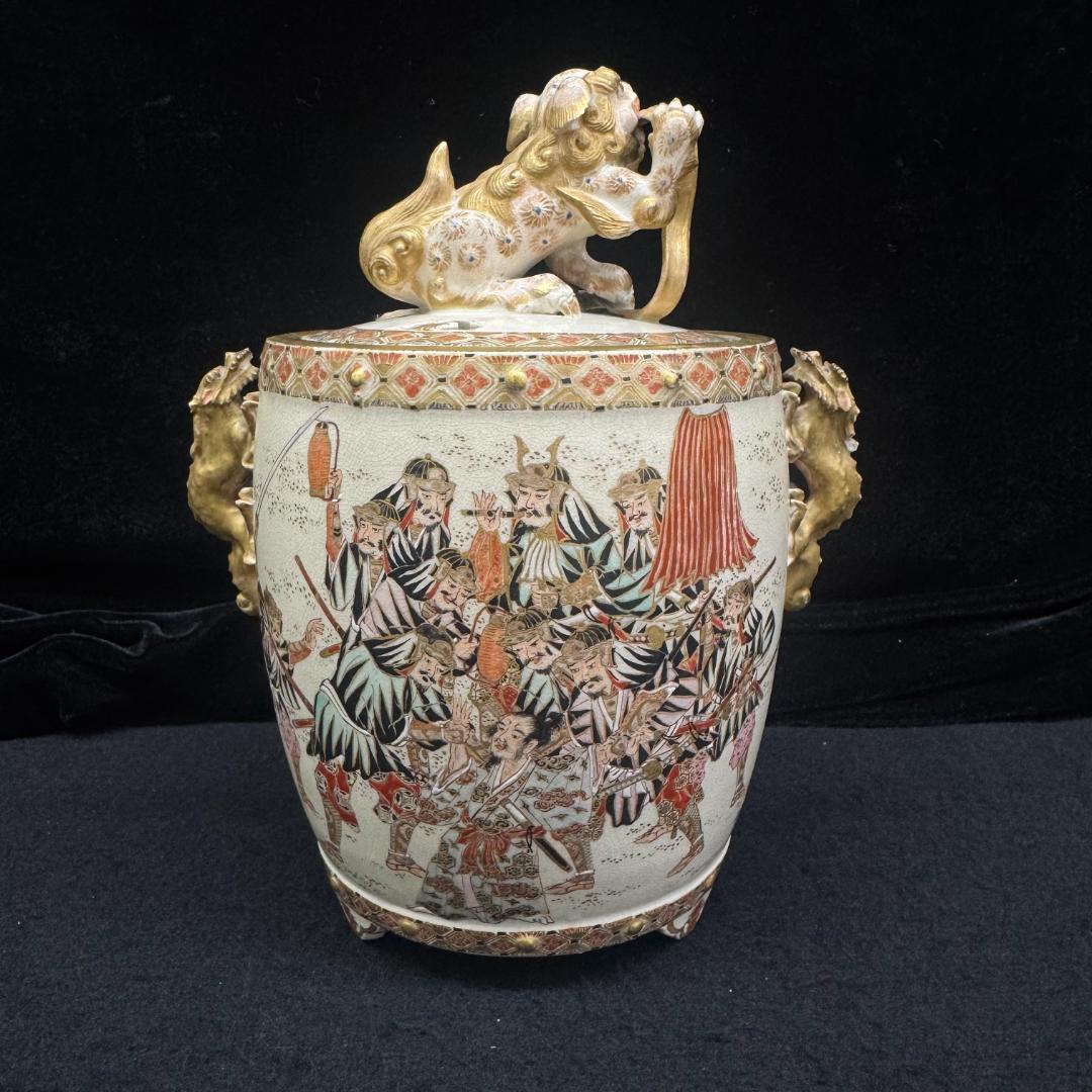 希少！薩摩焼 武将図 金彩香炉 獅子摘 古薩摩 箱付 名家旧蔵 明治時代 耳キズ