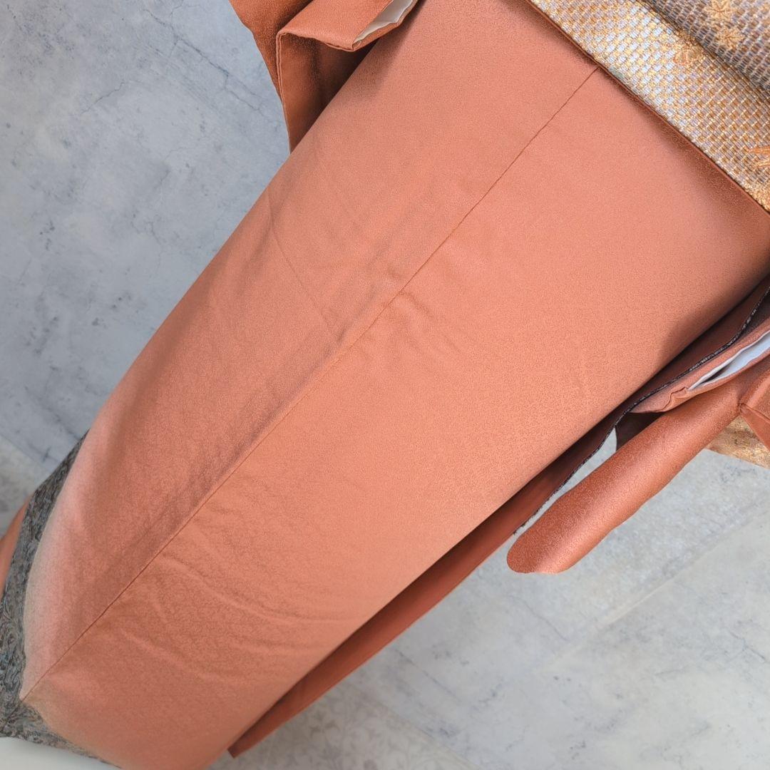 訪問着　フルセット　着物　正絹　トールサイズ　赤橙　金　豪華　鳥　祝い事　F7