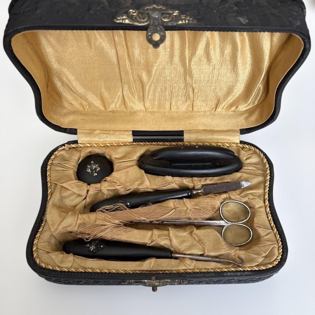 アンティーク　バニティセット　セルロイドボックス　天使と薔薇　百合