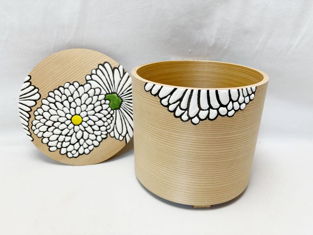 未使用 茶道具 塗師 宮下芳洋作 利休好写 菊絵曲水指 曲げわっぱ 木工芸共箱